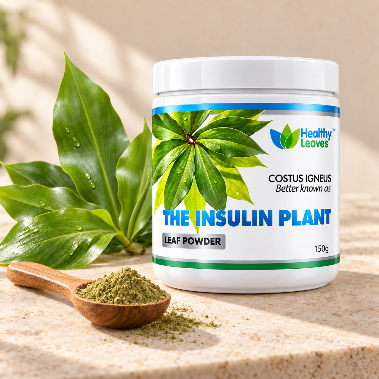 Healthy Leaves Insulin Plant leaf powder tub beside green leaves