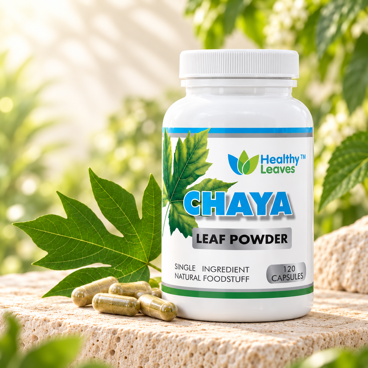 Healthy Leaves Chaya leaf powder capsules bottle with green Chaya leaves