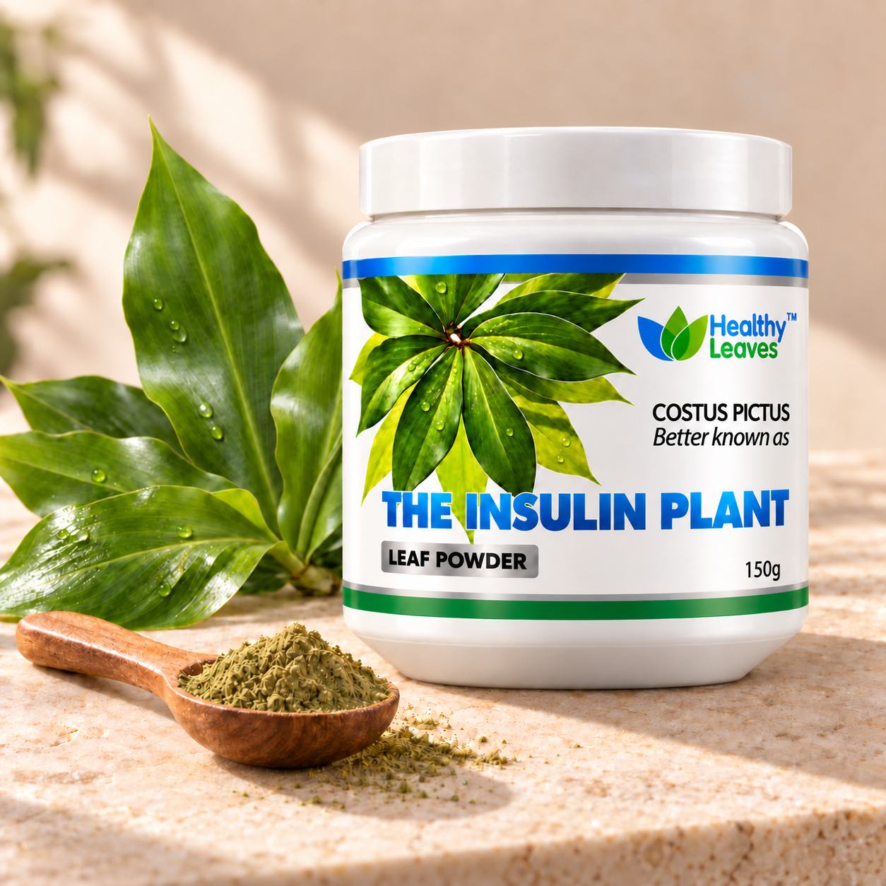 Healthy Leaves Insulin Plant leaf powder tub beside green leaves