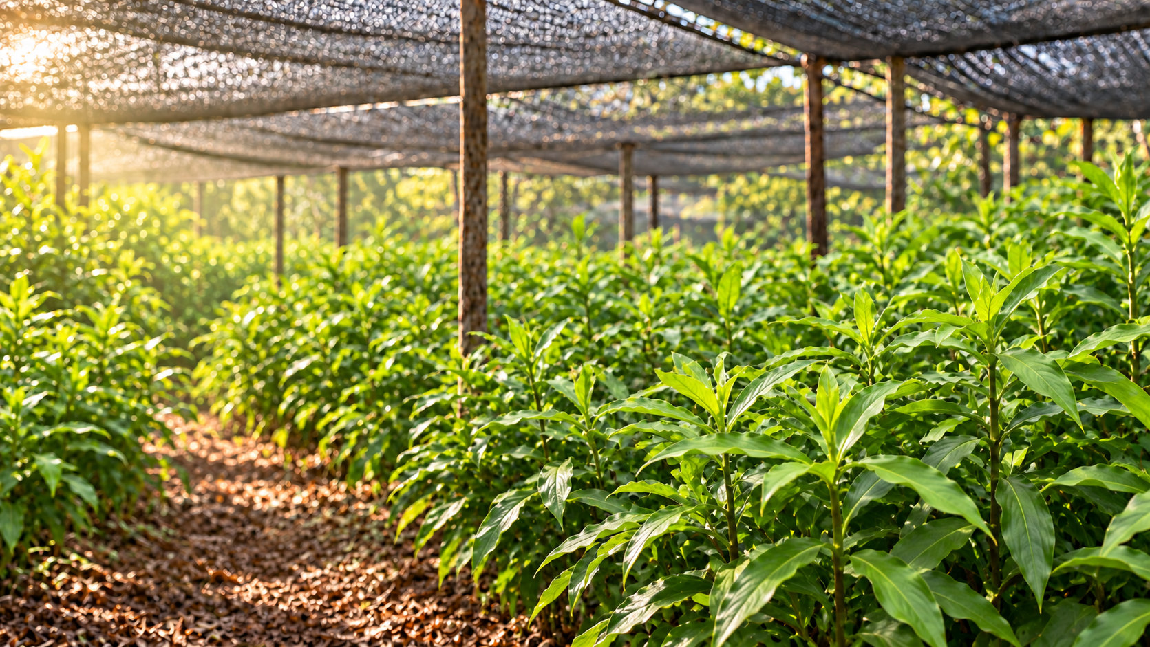 Insulin plants growing under shade net in warm morning light